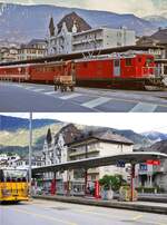 Ein Blick von den anderen Seite auf den Bahnhofsvorplatz von Brig, oben im Juli 1983 mit einem von der FO-HGe 4/4 32 bespannten Zug in Richtung Andermatt, darunter der Vergleich vom 08.05.2024.
