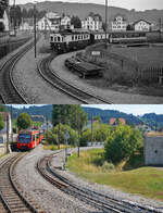 Die enge Kurve, die die Z�ge beim Verlassen des Bahnhofes Gais in Richtung Appenzell durchfahren m�ssen, h�tte sich kein Modelleisenbahner besser ausdenken k�nnen: W�hrend oben der ABDeh 4/4 5 im