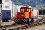 RhB Rangierlok Tm 2/2 120 am 07.07.26 in Landquart beim Rangieren vom Bahnsteig aus fotografiert 