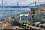 RABe 525 024-6 (Bombardier/Alstom NINA) der BLS AG als RE 4274 von Domodossola (I) nach Bern (CH) erreicht den Bahnhof Spiez (CH) auf Gleis 5.