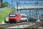 Nachschuss auf Re 460 038-3  Hauenstein  SBB als verspäteter EC 7 (Linie 30) von Hamburg-Altona (D) nach Interlaken Ost (CH), der den Bahnhof Spiez (CH) auf Gleis 1 verlässt.