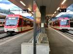 Links der ABt 2131 mit ABDeh 4/8 2028 als Regio nach Zermatt und Rechts der ABDeh 4/8 2013 als Regio nach Fiesch, am 12.7.17 in Visp.