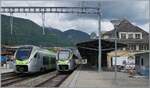 In Grenchen Nord kreuzen sich der BLS MIKA RABe 528 109 als IR 1869 von Biel/Bienne nach Basel und der BLS MIKA RABe 528 134 als IR 1868 auf der Fahrt von Basel SBB nach Biel/Bienne.