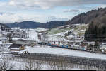 BLS Cargo UKV-Zug mit zwei unbekannten 186ern am 9. Februar 2019 bei der Durchfahrt in Riedtwil.