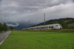 Der neue BLS Flirt 528 103 kommt zurück von der zeitweiligen Endstation Burgistein auf der Gürbetallinie (Weiterfahrt wegen Erdrutsch gesperrt).