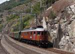 100 Jahre BLS: Jubilumszug mit der Ae 6/8 205 bei der Einfahrt in den Bahnhof Lalden am 7. September 2013.
Foto: Walter Ruetsch