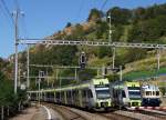 100 Jahre BLS:  BLS EINST UND JETZT  Fahrzeugparade mit  Ltschberger  (2008) und BCFe 4/6 736 (1938) bei Ausserberg am 7. September 2013.
Foto: Walter Ruetsch