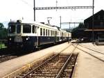 ABDe 4/8 750/953 der BLS mit Regionalzug 3518 Spiez-Zweisimmen auf Bahnhof Wimmis am 22-07-1995.