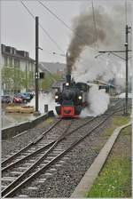 Die Blonay-Chamby G 2x 2/2 105 verlässt mit ihrem Dampfzug nach Chaulin den Bahnhof von Blonay und die Fahrt war heute Wetterbedingt ein ganz besonders Erlebnis: Dampf und Rauch später auch