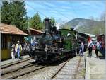 40 Jahre Blonay Chamby, Pfingstfestival 2008: Die Dampfbahn Furka Bergstrecken (DFB) VZ HG 2/3 N° 6  Weisshorn  ist mit der Blonay-Chamby BFD HG 3/4 N° 3 und ihrem Zug in Chaulin Musée