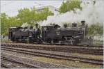 50 Jahre Blonay - Chamby; Mega Steam Festival: Die FO HG 3/4 N° 4 der DFB und die BFD HG 3/4 N° 3 der Blonay-Chamby Bahn dampfen in Vevey zu ihrem Zug um in anschliessend nach Chaulin zu