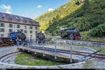 Dampfbahn-Fest bei der DFB in Gletsch am 22./23. August 2020.<br>
Aufstellung aller drei aus Vietnam zurückgeholten und heute betriebsfähigen Dampfloks HG 3/4 1 und 9 und HG 4/4 704 am 22. August in Gletsch.