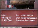 Anschrift eines Transwaggon Langholzwagens gesehen in Ems Werk auf der Zufahrt zur Sgerei Stallinger. (20.06.2007)