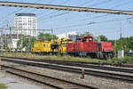 Bauzug, mit der Am 841 005-2 und dem XTmass 99 85 9236 003-1, durchfährt den Bahnhof Pratteln.