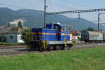 Die firmeneigene Rangierlok 98 85 5237 822-6CH-MVNAG der MIGROS in Oberbuchsiten auf Rangierfahrt am 28. August 2019.
Foto: Walter Ruetsch