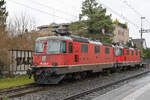 Am 11.03.2026 stehen die Loks 420 238-8 und 420306-2 auf einem Abstellgleis beim Bahnhof Rheinfelden.