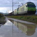 Schweizer Zucker AG, Zuckerfabrik Aarberg, Kampagne 2025: Re 465 001-6 + Re 465 015-6 + 16 Eaos/Eas, Zug 67146 Aarberg-Onnens-Bonvillars, Leerwagenzug für den Rübenverlad, Lyss, 15. November 2025.