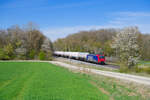 482 027 SBB Cargo mit einem Gaskesselzug bei Steinach b. Rothenburg Richtung Ansbach, 20.04.2022