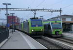 BLS - Lok 485 013 + 485 010 mit Rübenzug sowie der Triebwagen RABe 525 035 als Regio nach Büren an der Aare im Bahnhof Busswil am 29.12.2025
