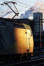 Schweizer Zucker AG, Zuckerfabrik Aarberg, Kampagne 2025: Re 485 010-3 + Re 485 009-3, im Hintergrund Bauten der Zuckerfabrik, Aarberg, 5. Januar 2026. Die letzte Fuhre Zuckerrüben vom Verladeort Chavornay ist abgeliefert, im letzten Sonnenlicht des Tages,  ... wenn d'Sunnä hingerem Jura ungergeit ... , rollen die Loks auf das Lokabstellgleis, um auf den nächsten Einsatz zu warten.