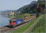 Vor der Kulisse des Château de Chillon ist die SBB Re 6/6 11634 (Re 620 034-9)  Aarburg-Ofrtingen  mit einem Dienstbauzug auf dem Weg in Richtung St-Maurice. 

17. April 2026