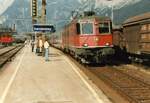 SBB Re 6/6 11636 'Vernier-Meyrin' mit Intercity oder Eurocity in Richtung Spiez in Kandersteg am 22. August 1997.
