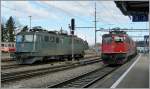 Während die grüne Ae 6/6 11444 in Langenthal auf neue Aufgaben wartet, färht die rote Ae 6/6 11464 mit ihrer Güterzug ohne Halt durch.