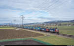 Re 4/4 II 11346 zusammen mit Re 6/6 11662 am 20. Januar 2019 mit einem LKW-Walter-UKV-Zug bei Kiesen.