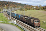 Internationale Güterzüge von SBB und BLS am 30. Oktober 2020 bei Roggwil auf der Fahrt in den Süden.
Foto: Walter Ruetsch