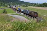 BLS: Güterzug mit Re 425 190 und einer Re 465 bei Roggwil am 29. Mai 2015, einem der letzten Frühlingstage.
Foto: Walter Ruetsch