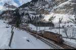 BLS Re 4/4 190  Raron  erreicht mit einem Autozug aus Goppenstein am 24. Januar 2016 den Bahnhof Kandersteg.