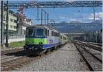 Die BLS Re 4/4 II 501 erreicht mit ihrem RE 4077 von Interlaken Ost nach Zweisimmen den Bahnhof von Spiez.