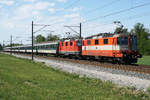 Re 4/4 11109  SWISS EXPRESS  und Re 4/4 11124 mit Leermaterialzug Genf-Luzern bei Murgenthal am 24.
