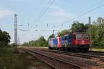 Nachschuss auf SBB Cargo/MWB - Mittlweserbahn Re 421 375-7 die am 06.06.2014 von Re 482 003-1 durch die Bahnanlagen von Orschweier gen Norden geschleppt wurde.