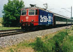 SBB: Re 4/4II 11322 als Werbelokomotive für das Halbtax-Abonnement  2 x 150 = 222 ?  zwischen Niederbipp und Wangen an der Aare im Jahre 1998.