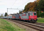 JAHRESRÜCKBLICK 2018
von Walter Ruetsch
Serie Nr. 7
Für die Zuckerrübenkampagne 2018 hatte die Schweizer Zucker AG die Rübentransporte umorganisiert. An Stelle von SBB CARGO wurde mit den privaten Firmen Swiss Rail Traffic für Frauenfeld und Sersa für Aarberg zusammen gearbeitet. Das neue Konzept führte zu sehr interessanten und abwechslungsreichen Fahrzeugeinsätzen im Streckendienst sowie auf den Verladebahnhöfen im Rangierdienst.
Zuckerrübenzug nach Aarberg mit einer Re 420 Dreifachtraktion bei Busswil am 24. Oktober 2018.
An der Spitze dieses Zuges war die Re 420 503 von TRAVYS eingereiht.  
