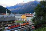 Blick von der öffentlichen Strasse neben dem Bahnhof Bellinzona auf die FFS (Ferrovie Federali Svizzere) Werkstätte. Die vordere Re4/4 II (420 133) trägt ein grosses SBB-Signet an der Stirnfront, das aus der Zeit stammt, wo diese Lok als rot-weiss-rote SwissExpresslok fuhr. Dahinter steht 420 320, die einzige Lok in orangem Farbkleid. 5.Mai 2019  