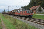 ZUCKERRÜBENKAMPAGNE 2021.
Zuckerfabrik Aarberg.
Doppeltraktion Re 420 mit einem Rübenzug bei Busswil am 12. Oktober 2021.
An der Spitze dieses Zuges ist die Re 420 275-0 eingereiht.
Foto: Walter Ruetsch