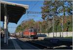 Die SBB Re 4/4 II 11240 (Re 420 240-4 ) fährt mit einem kurzen, aber bunten Güterzug durch den Bahnhof von Burier, welcher noch immer über sein altes Bahnsteigdach verfügt, wie