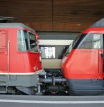 In rot, nicht vom Aussterben bedroht: Die beiden Schubmaschinen des IR nach Bern um 13:58 Uhr, Re 4/4  11217 und die Re 460 090-4  Goffersberg  stehen am 09.04.10 auf Gleis 18 des HB Zrich bereits