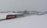 Die Swiss Express Re 4/4 II 11108 zieht den IR 2170 bei St. Erhard-Knutwil in Richtung Basel, 12.02.2013.