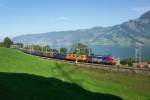 Re 420 276-8 und die in orange verkehrende Re 4/4 II 11320 fahren am 03.10.2015 dem Zugersee entlang und erreichen in Kürze Arth-Goldau.