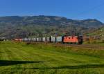 Re 420 275 mit einem Containerzug am 05.11.2015 bei Steinen. 