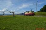 Die IRSI Re 421 393 befindet sich kurz vor der Station Schlattingen. Sie führt den zweiten Extrazug der vollen Wiedereröffnung der Strecke Singen-Etzwilen. Schlattingen 16.08.2020