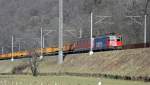 Bei Giornico fhrt am 12.03.2010 ein Gterzug mit der Re 421 390-6 und der Re 6/6 11602  Morges  talwrts. Unbentigte deutsch/sterreichische Stromabnehmer sind momentan am Gotthard keine Seltenheit.