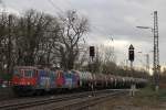 SBB Cargo 421 387+421 388 am 16.1.14 mit einem Kesselzug nach Gelsenkirchen-Bismarck in Ratingen-Lintorf.