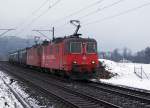 CROSSRAIL: Güterzug mit Doppeltraktion 436 (ex RM) bei Langenthal am 20. Januar 2015. An der Spitze des Zuges war die 436 111-9 eingereiht.
Foto: Walter Ruetsch 