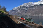 Re 430 364 und eine weitere Re 4/4 mit einem Güterzug am 11.03.2017 bei Mols.