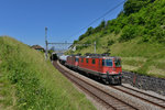 Re 430 351 und eine Re 420 mit einem Kesselzug am 22.06.2016 bei Grandvaux.