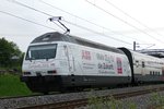 Re 460 052 mit Werbung für denn Gottardo 2016 Sponsor ABB, mit dem IR von Zürich nach Bern, am 14.5.2016 auf der NBS bei Hindelbank.